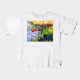 Poppies by the pond Kids T-Shirt